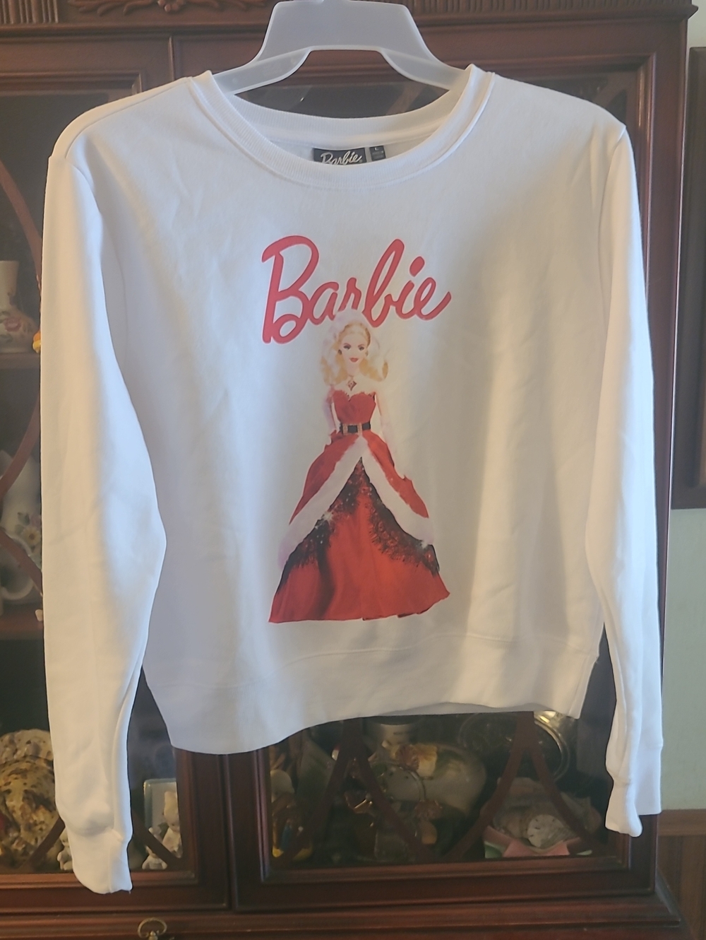 Barbie White Sweatshirt with Pink Logo and Red Doll Graphic